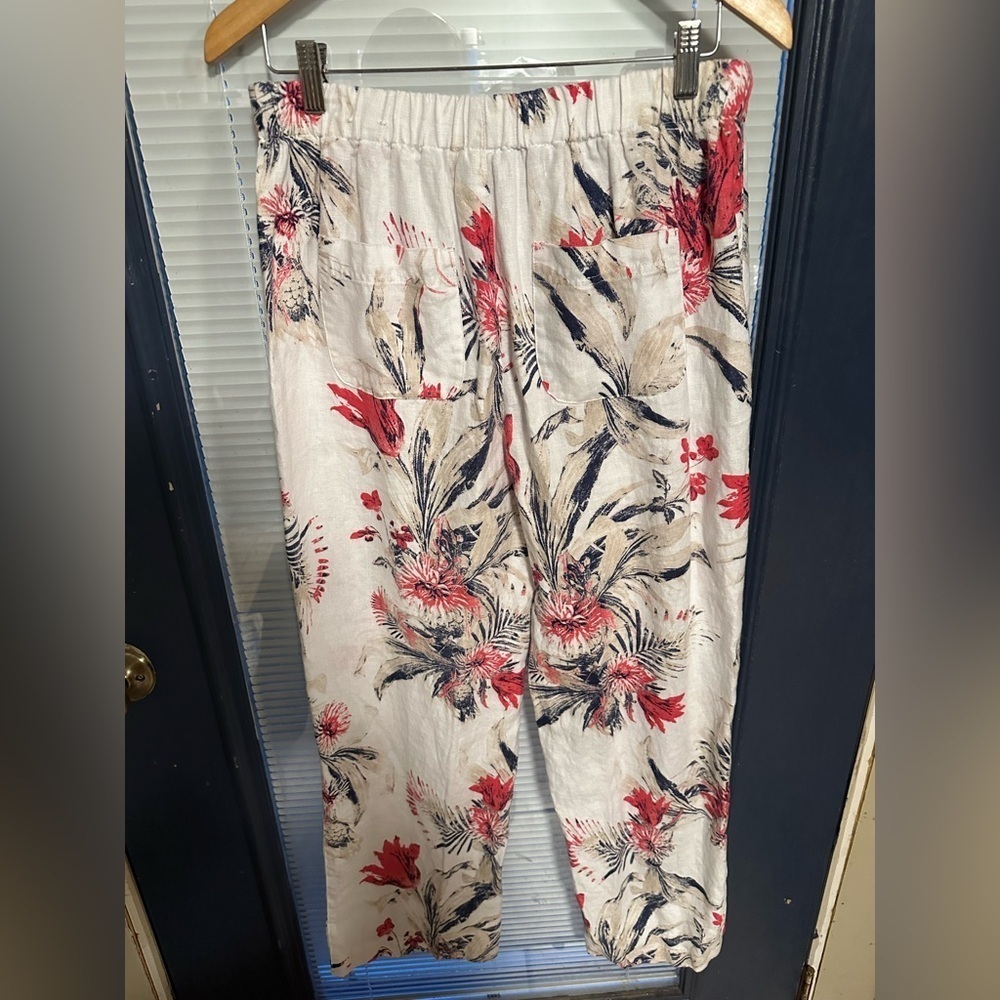 Chicos 100% linen sz 1 white pink blue floral straight leg summer pant Hawaiian - Picture 4 of 6